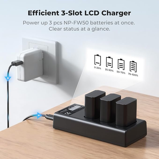 K&F CONCEPT 3-Pack NP-FW50 Battery and Upgraded 3-Slot ZV-E10 Battery Charger - Image 4