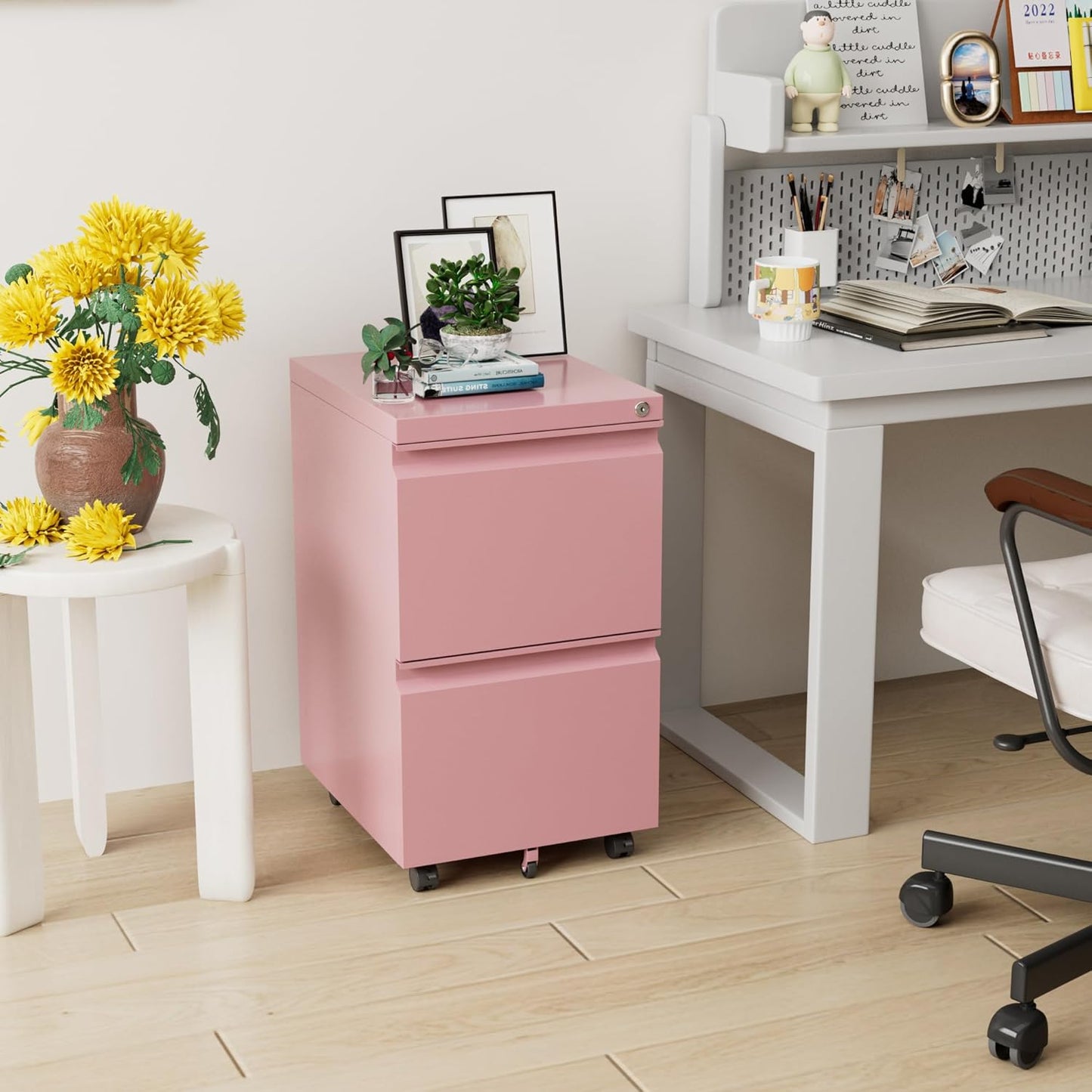 Aobabo 2 Drawer File Cabinet, Lockable Metal Filing Cabinet with Wheels for Home Office, Legal/Letter Size, Fully Assembled Except Wheels, Pink