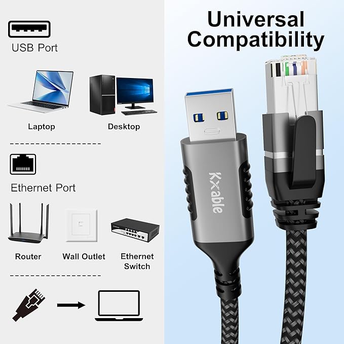 USB to Ethernet Cable 4 FT, 3.0 A Male to RJ45 Male Cord, Directly Connected - Image 6