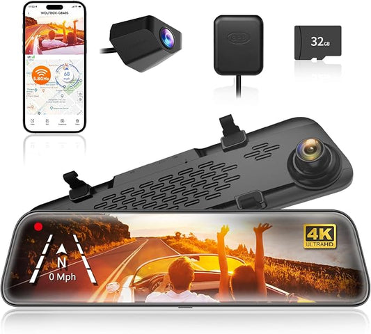WOLFBOX G840S 12" 4K Mirror Dash Cam Backup Camera, 5.8GHz WiFi Smart Rearview by WOLFBOX