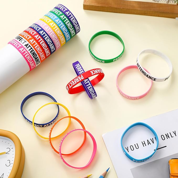 100 Pcs Perfect Attendance Silicone Wristbands 10 Assorted Color Reward Rubber - Image 3