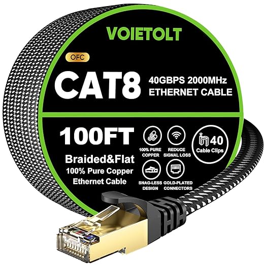 Cat 8 Ethernet Cable 100 FT Flat, High Speed 40Gbps 2000Mhz Braided Internet by EthernetCable