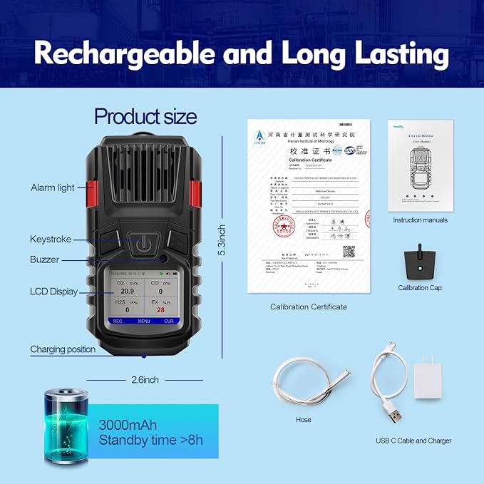 4 Gas Monitor Multi Gas Detector EX O2 H2S Monitor Clip on, 3000mAh - Image 4