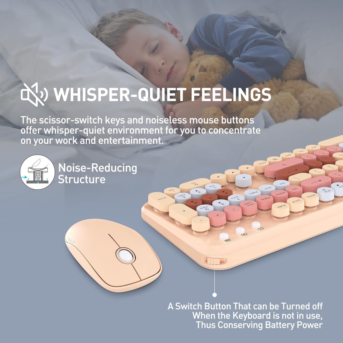 FOPETT 2.4GHz Wireless Keyboard and Mouse Set with Switch Button - Full-Size Keyboard - Compatible for Windows/Laptop/PC/Notebook/Smart TV and More - Milk Tea Colorful