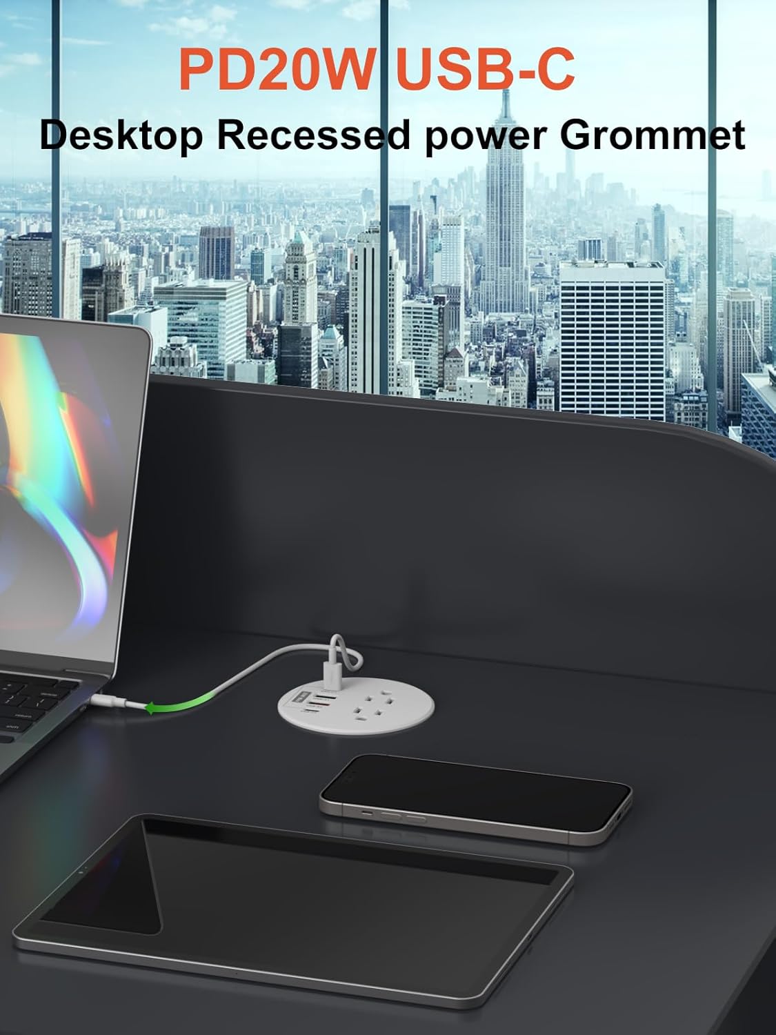 Desktop Power Grommet 3 inch with PD20W USB C Ports 2 AC Outlets,Recessed Power Grommet Outlet Fast Charging Station,Desk Hole Grommet Outlets,Round Deskt Grommet Outlet for Office,Home (White)