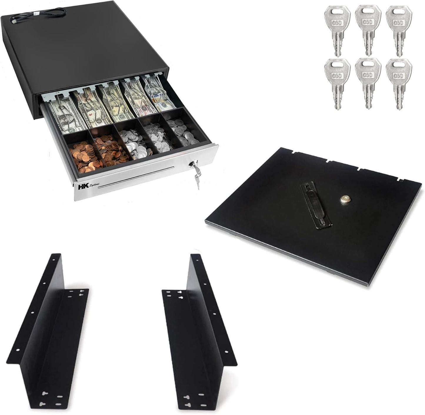 HK SYSTEMS 16""Stainless Steel" Front Heavy Duty Black POS Cash Drawer with 5Bill/5Coin with Under Counter Mounting Metal Bracket and Till Cover