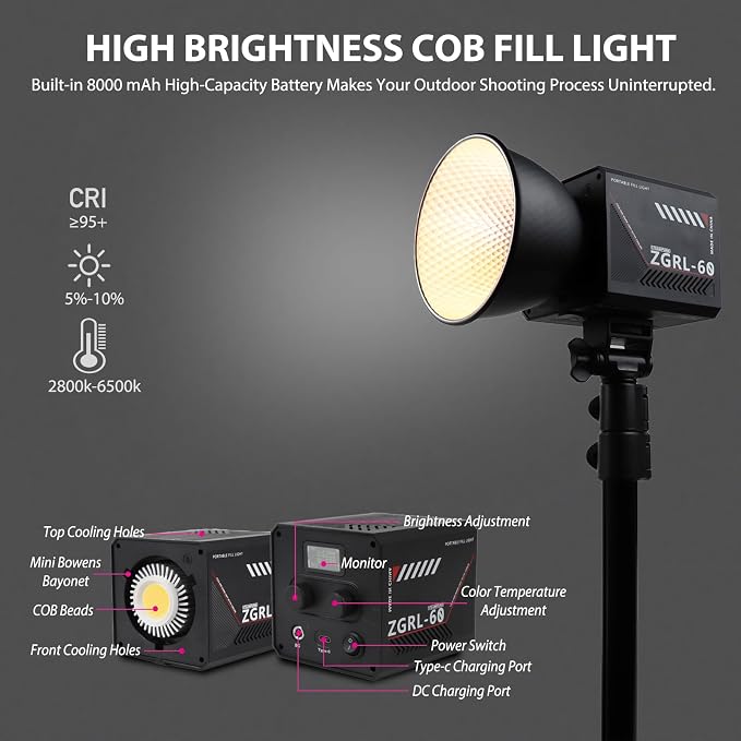 60W COB LED Video Light Handheld Portable - Image 5