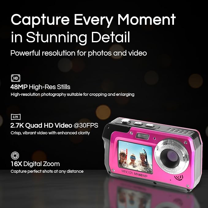 Minolta MN40WP 48MP Waterproof Digital Camera – Dual LCD Screens, 2.7K QHD Video - Image 2