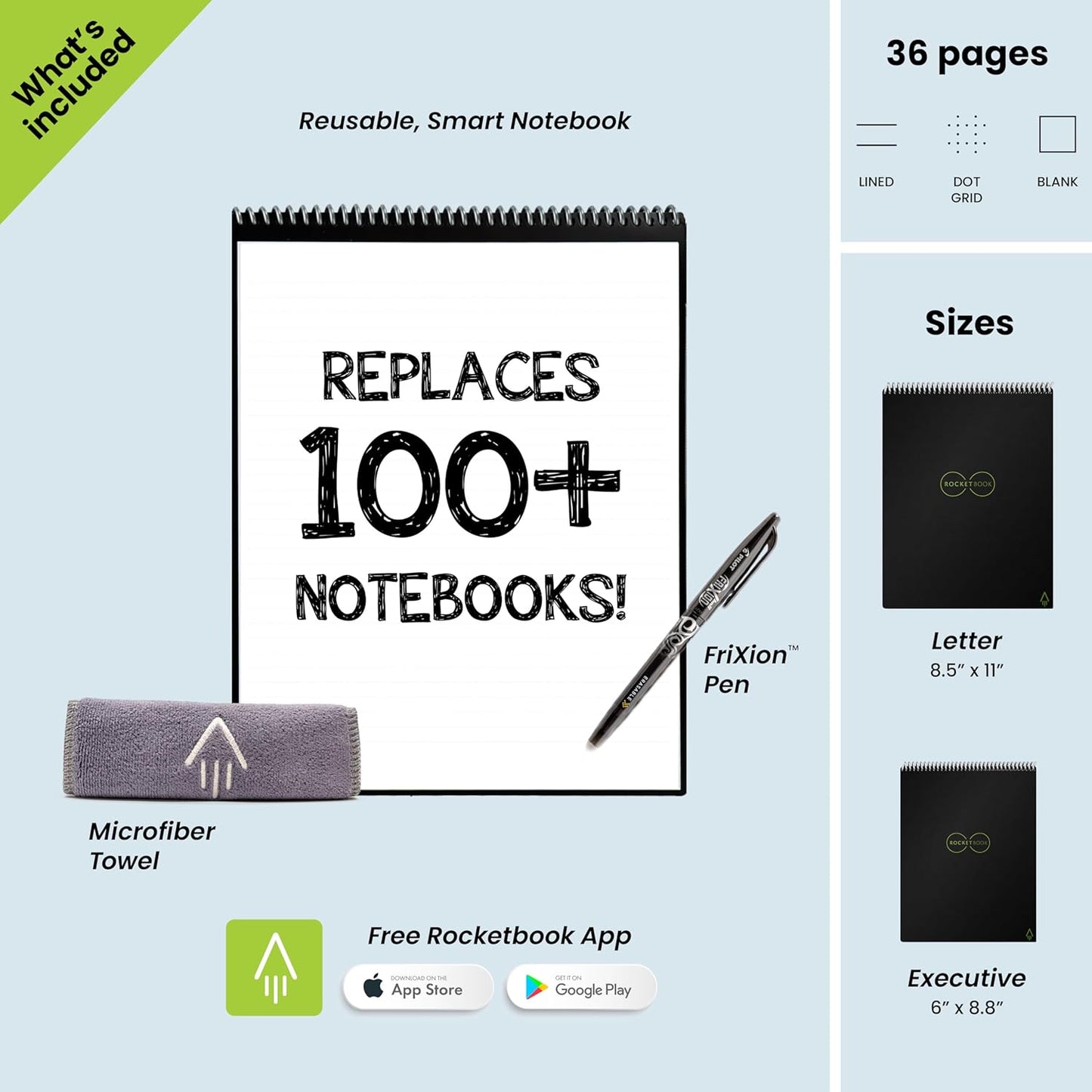 Rocketbook Flip - with 1 Pilot Frixion Pen & 1 Microfiber Cloth Included - Dark Blue Cover, Letter Size (8.5" x 11")