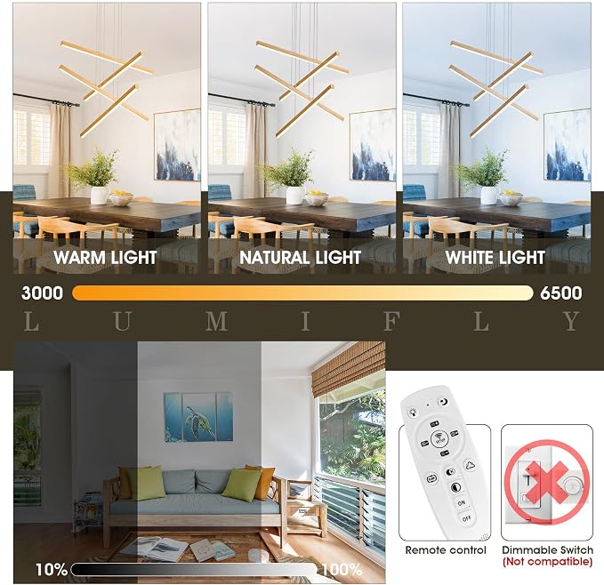 Linear Pendant Light for Dining Room Oak Wood Grain Finish LED 4 Light - Image 4