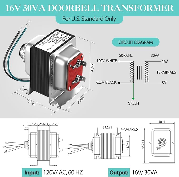 Landhoow Doorbell Transformer 16V 30VA, Hardwired Door Chime Transformer - Image 2