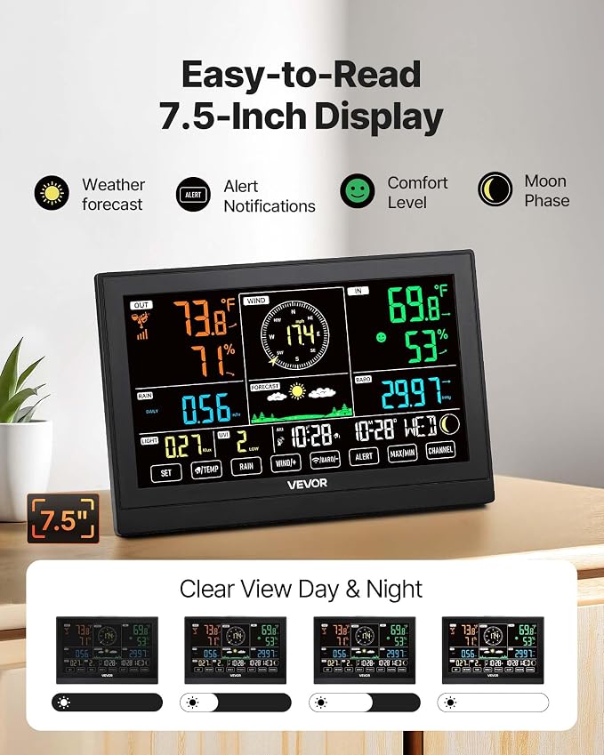 VEVOR 7-in-1 Wireless Weather Station, 7.5-Inch VA Display, Solar Powered - Image 4