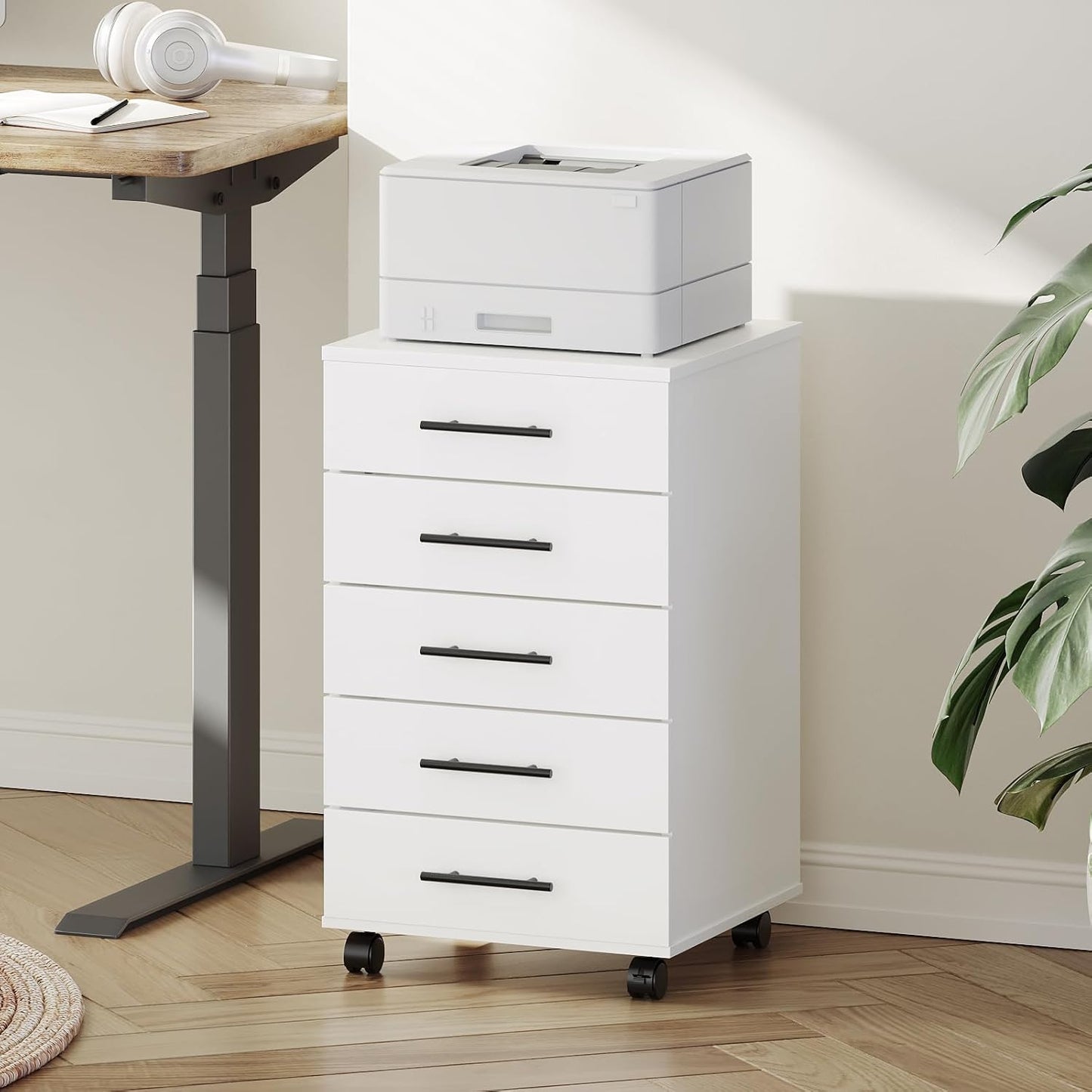 HOOBRO 5-Drawer File Cabinet, Office Cabinet with Drawers, Wooden Storage Cabinet with Wheels for Makeup, Home Office, Study, Easy Assembly, White WT05WJ01G1