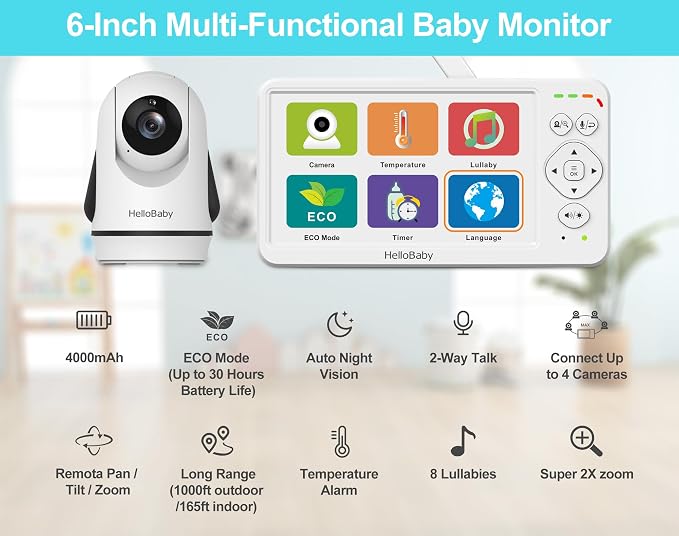 HelloBaby Baby Monitor with Camera and Audio, No WiFi 30H Battery 4000mAh - Image 2