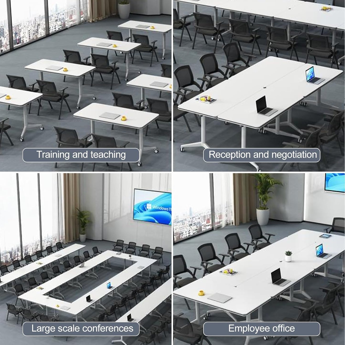 Folding Conference Room Table, Modern Mobile Training Table with Wheels, White Foldable Seminar Meeting Tables for Office Corporations (4pack 63in)