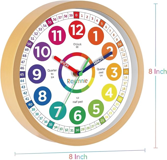Roymnie Wall Clock for Kids Learning to Tell Time Analog Non Ticking Battery - Image 9