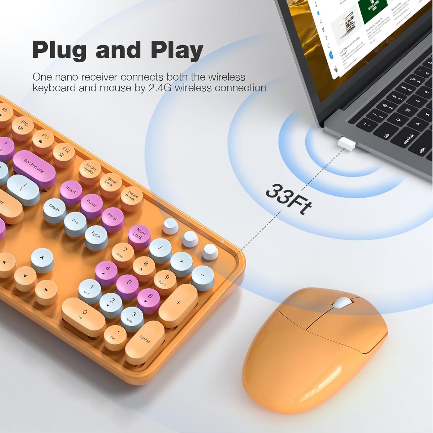 MOFII Wireless Keyboard and Mouse Combo, Orange Retro Keyboard with Round Keycaps, 2.4GHz Dropout-Free Connection, Cute Mouse for PC/Laptop/Mac/Windows XP/7/8/10 (Orange-Colorful)