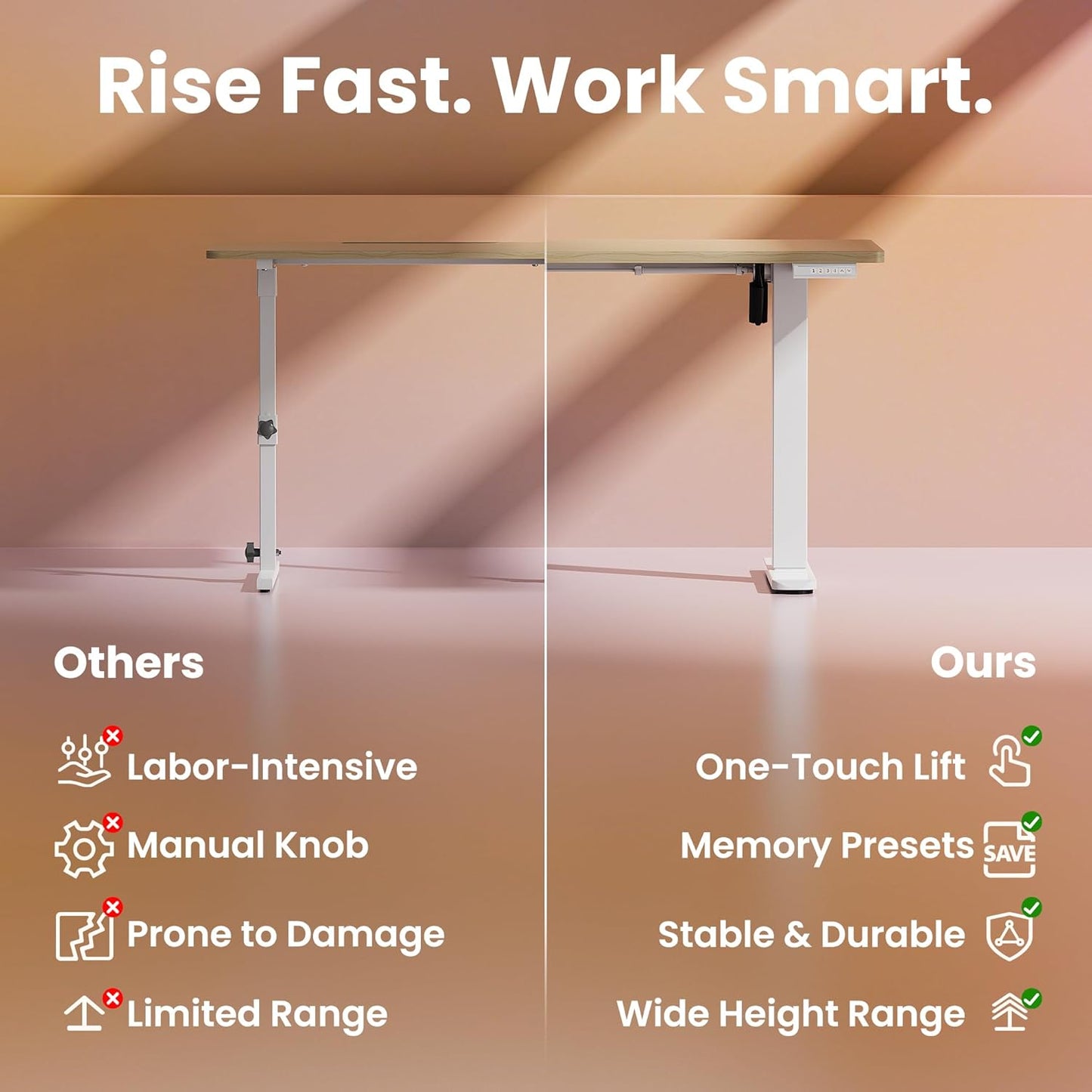 HUANUO 63 x 28 inch Electric Standing Desk Adjustable Height, 4 Memory Height Settings, Sit Stand Up Desk for Home Office & Computer Workstation, Light Walnut
