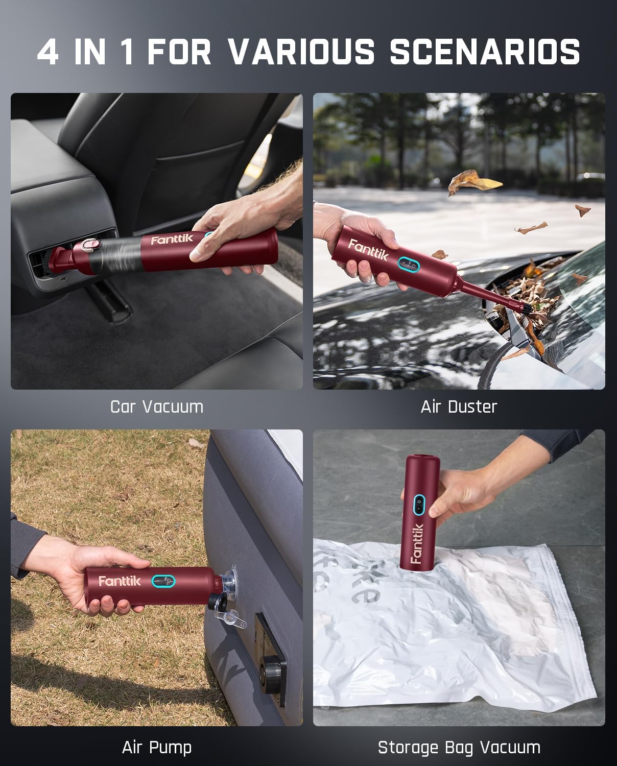 Fanttik Slim V8 APEX Car Vacuum, 4-in-1 Portable Mini Cordless Vacuum with 19000pa Suction Power, Type-C Charge, 2 Suction Modes, Handheld Vacuum for Small Jobs, Car, Office Desk, Keyboards (Red)