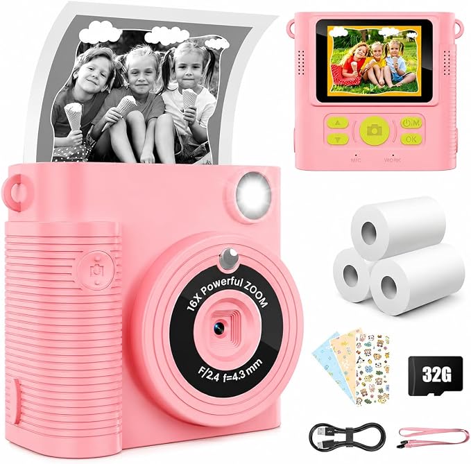 Kids Instant Print Camera Ages 3-12 1080P Selfie 2.4" Screen 32GB Gift Pink | by WONNIE