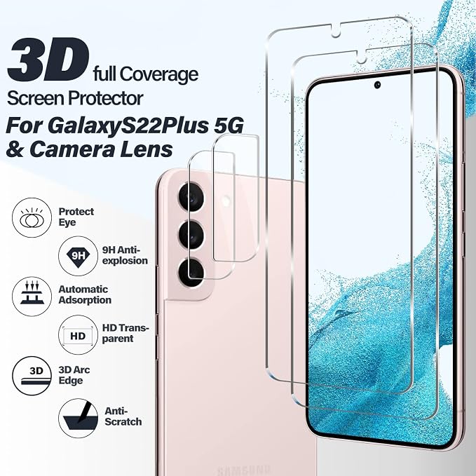 BIGFACE Galaxy S22 Plus Tempered Glass Screen Protector, 2 Pack, Anti-Scratch - Image 2