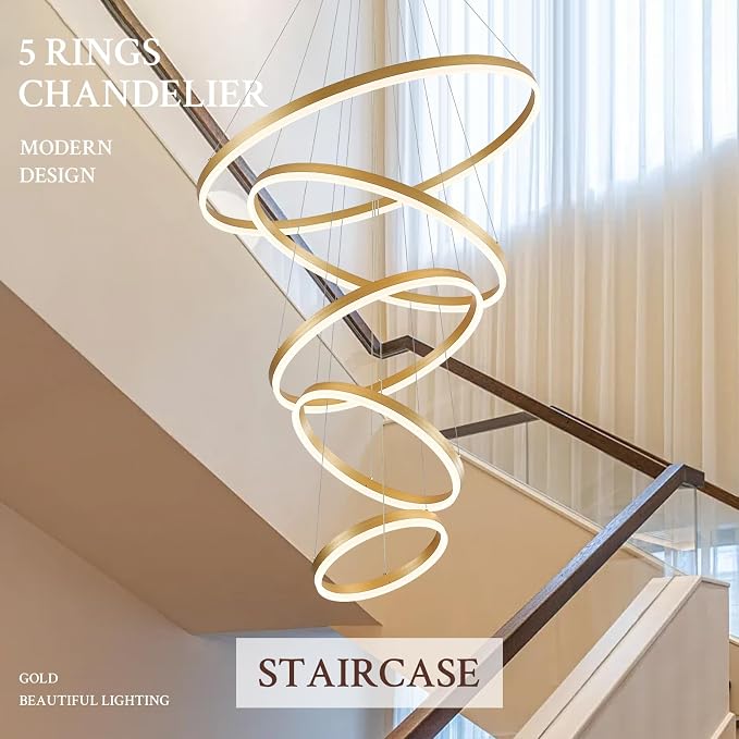 5-Rings D31.5in Modern LED Chandelier Gold Dimmable High Ceiling Chandeliers - Image 8
