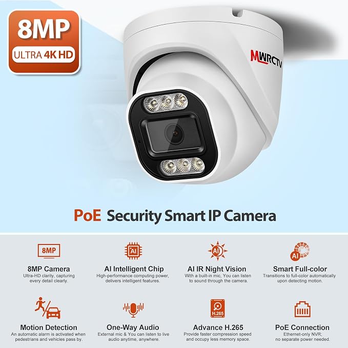 MWRCTV 8MP POE IP Camera Outdoor, 4K Turret Security Dome Camera 2.8mm Wide - Image 2