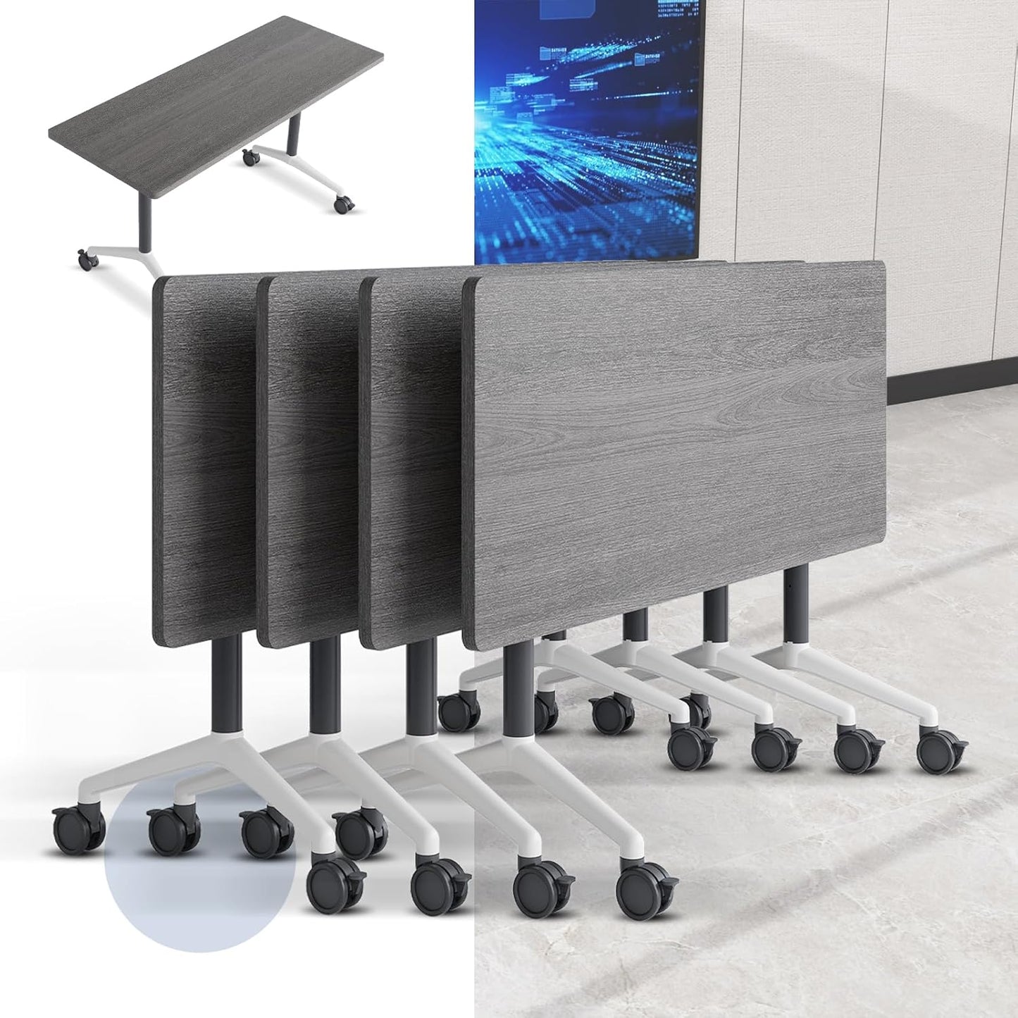 Folding Conference Table, Mobile Training Table for Office Conference, Modern Modular Rectangular Work Desk Meeting Seminar Work Tables with Caster Wheels, Large Breakroom Tables (4Pack L70.9in)
