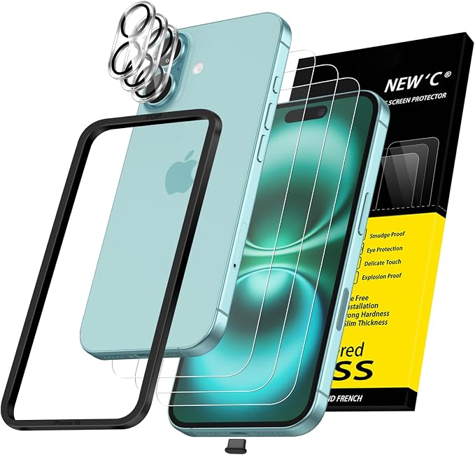 NEW'C 3x for iPhone 16 Screen Protector+ 3x Camera Lens Protector, Sensor by NEWC