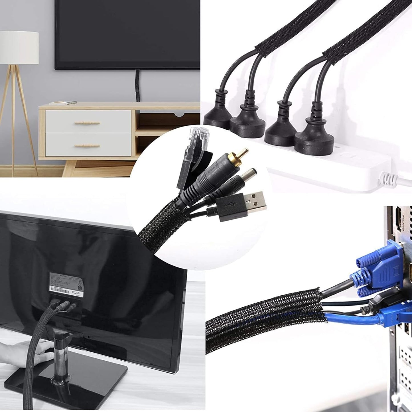 1/4" x 50ft Black Cable Sleeve Cover - Pet-Proof Cord Management System for Home Office Desk, Durable Wire Organizer Protector from Dog Cat Chewing, Flexible Cable Hider (Black)