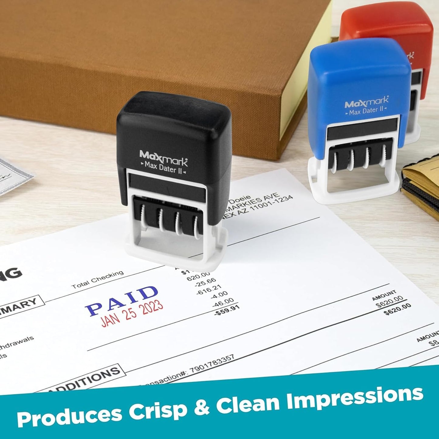 MaxMark Self-Inking Rubber Date Office Stamp with Approved Phrase & Date - Blue Ink (Max Dater II), 12-Year Band