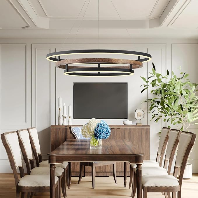 3 Ring LED Chandelier Walnut Wood Black Chandelier Light Fixture 31in Dimmable - Image 3