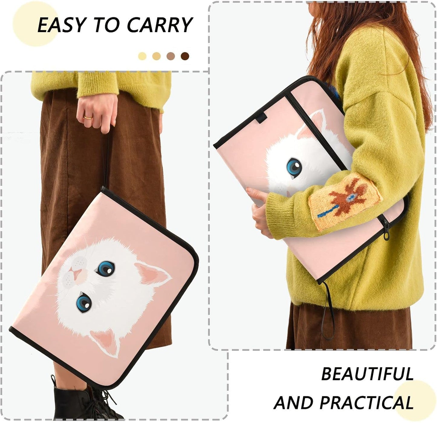 White Persian Cat Expanding File Folder 13 Pockets with Zipper Cute Dog Expandable Filing Folders Accordion Document Files Organizer for A4 Letter Size Paper