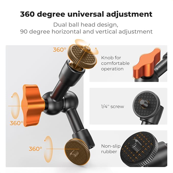 K&F CONCEPT 6" Magic Arm 1/4" Screw 360°Ballhead Articulating Mini Arm Mount - Image 3