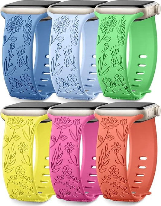 SNBLK 6 Pack Floral Engraved Bands Compatible by SNBLK