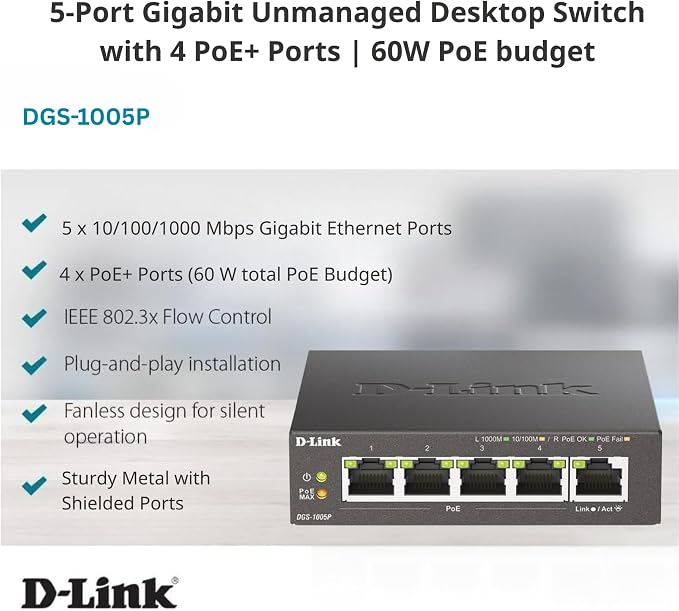 D-Link 5-Port Gigabit PoE+ Unmanaged Ethernet Switch, - Image 3