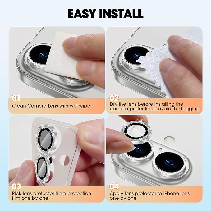 for iPhone 16/16 Plus Camera Lens Protector Bling Individual Metal Glitter Ring - Image 7