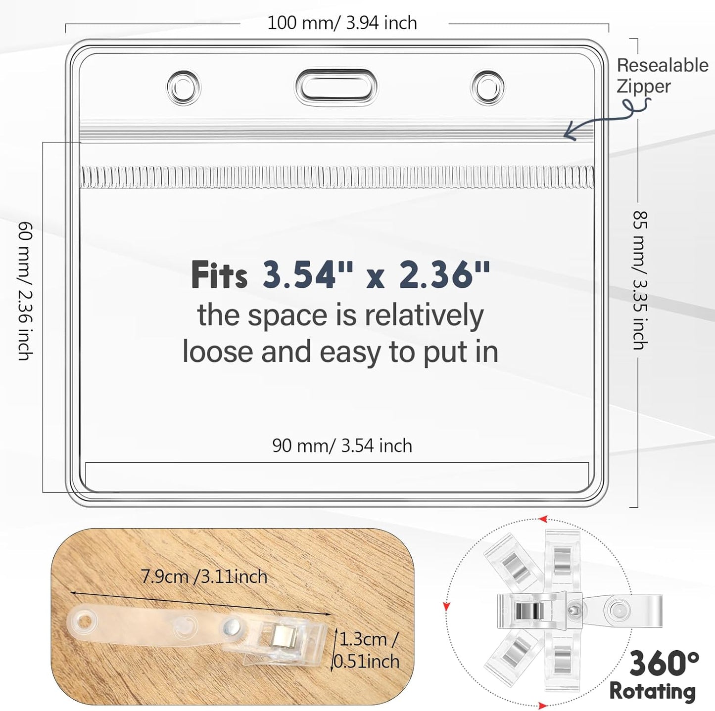 Zonon 150 Sets Name Badge Holders with Clip Clear on Name Tag Waterproof PVC ID Transparent Badge Holder with Resealable Zipper Seal Metal for Teacher Student Worker(Crystal Clip)