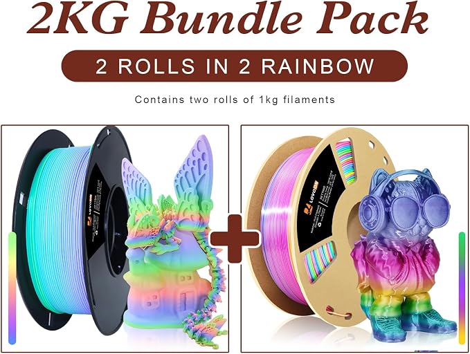 LOVOON 1.75mm 3D Printing Filament Bundle 2 KG, Silk and Matte Rainbow PLA - Image 2