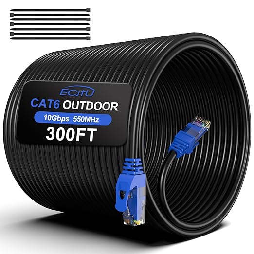 300FT Cat6 Outdoor Ethernet Cable, Heavy Duty Direct Burial, 24AWG CCA Patch by ECJTU-US