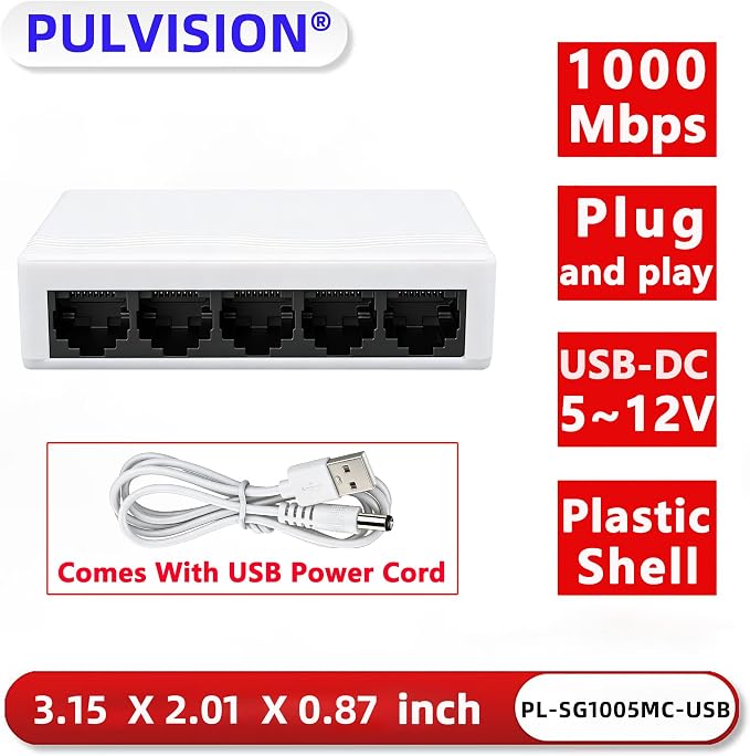 5 Port Gigabit Ethernet Switch 1000Mbps Network Hub USB 5-12V Powered Plug and - Image 2