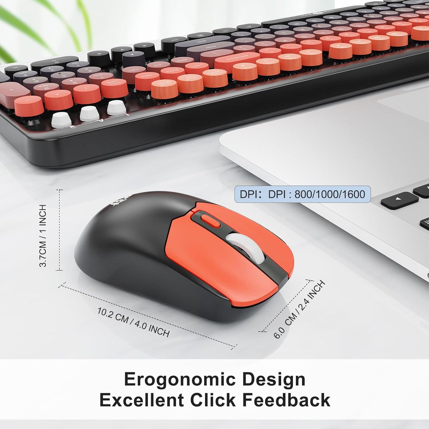 Wireless Keyboard and Mouse Combo, 2.4 GHz Full-Sized Typewriter Keyboard and Mouse Wireless with Round Keycaps for Windows, Computer, Desktop, PC, Laptop (Black Orange)