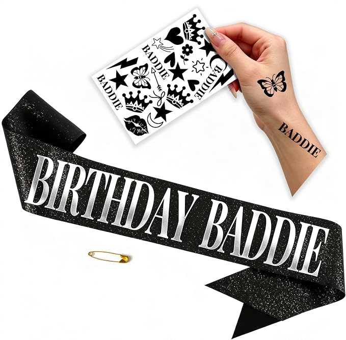 Birthday Baddie Sash – Black Glitter Satin Wearable Accessory by Fenyor7i