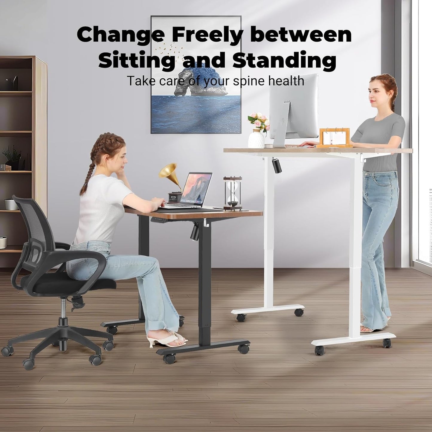 Electric Standing Desk 55 x 24 Inches Adjustable Height Ergonomic Sit Stand Up Desk Curved for Home Office Computer Workstation with 2 USB Ports 3 Power Outlets Memory Preset Wheels, Oak