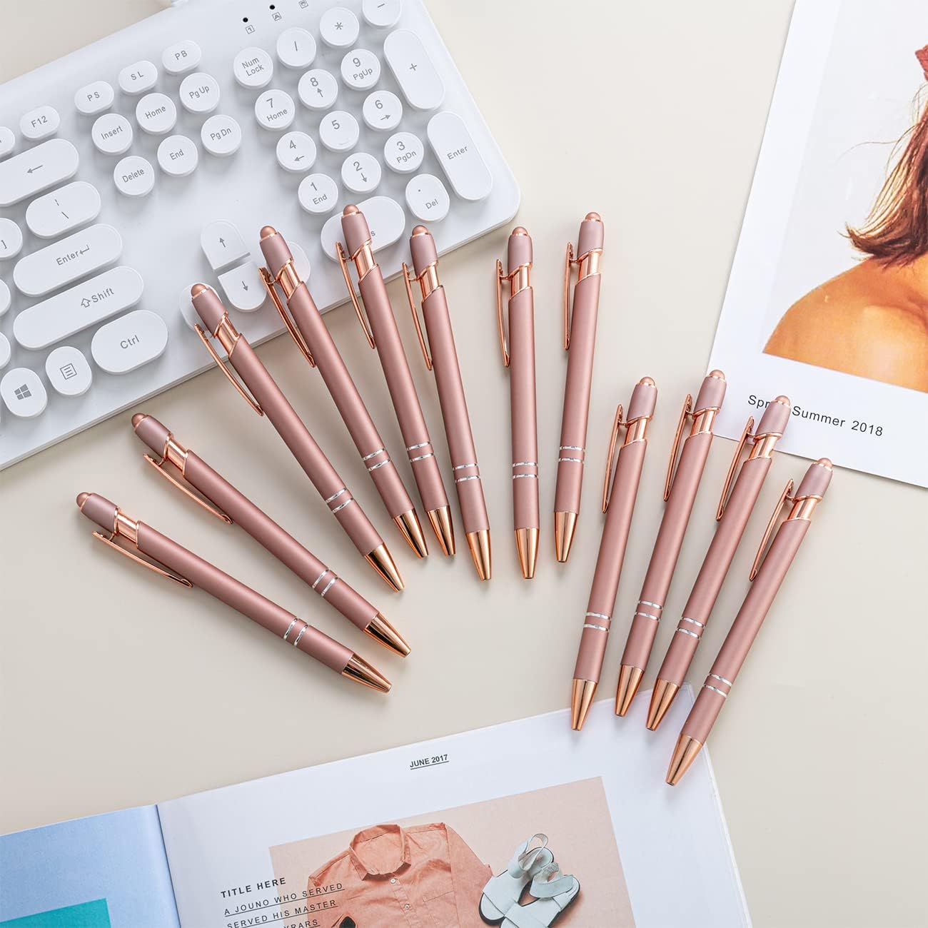 PASISIBICK 12 Pieces Rose Gold Ballpoint Pen with Stylus Tip, 2 in 1 Rose Gold Stylus Pens Stylish Pen, Metal Stylus Pen for Touch Screens, 1.0 mm Black Ink(Pack of 12)