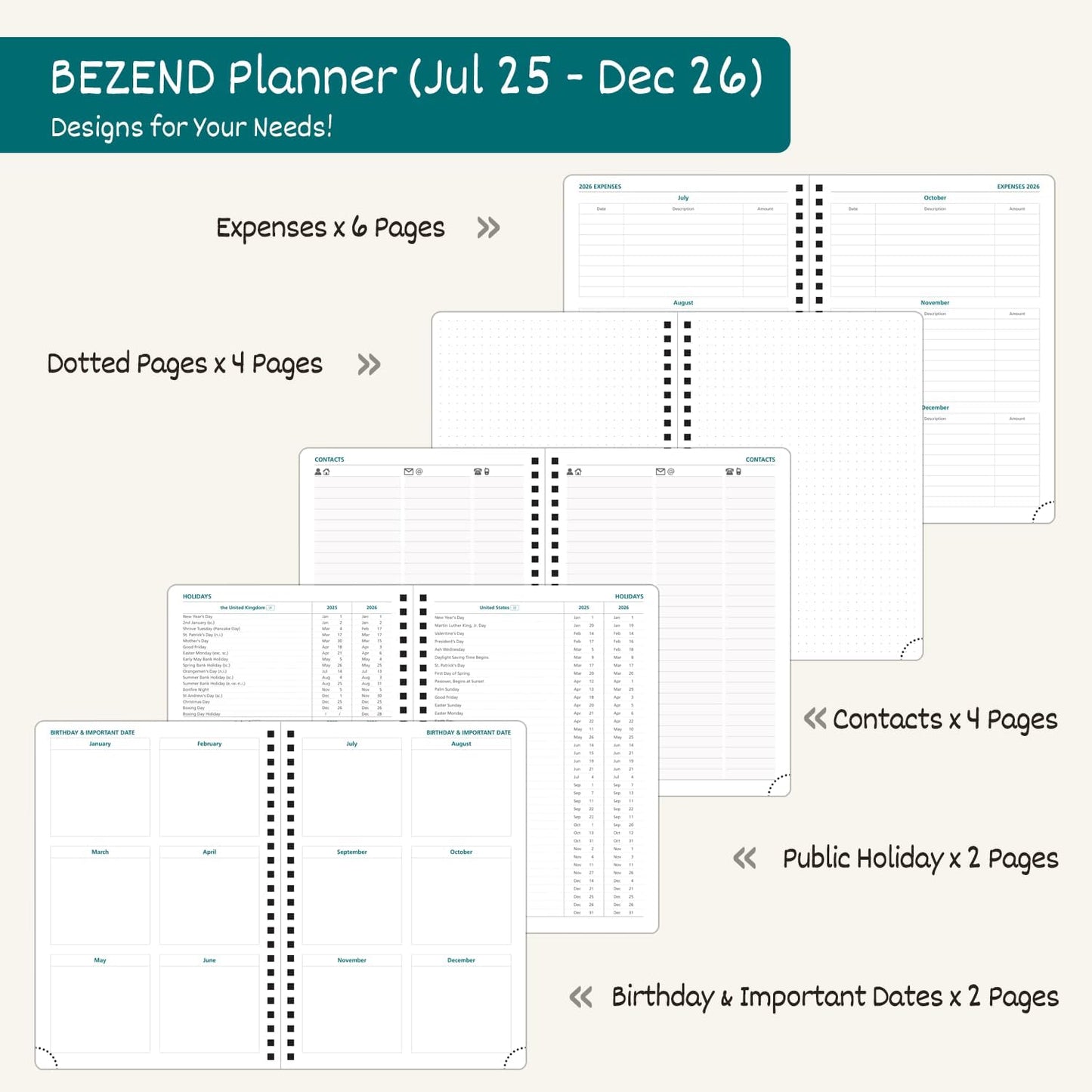 BEZEND Weekly Planner 2025-2026 with 2 Columns, 8.5" x 11" Academic Calendar 18 Months (Jul 25-Dec 26) Life Work Appointment Book with Monthly Tab, PU Leather Softcover Spiral - Prussian Blue