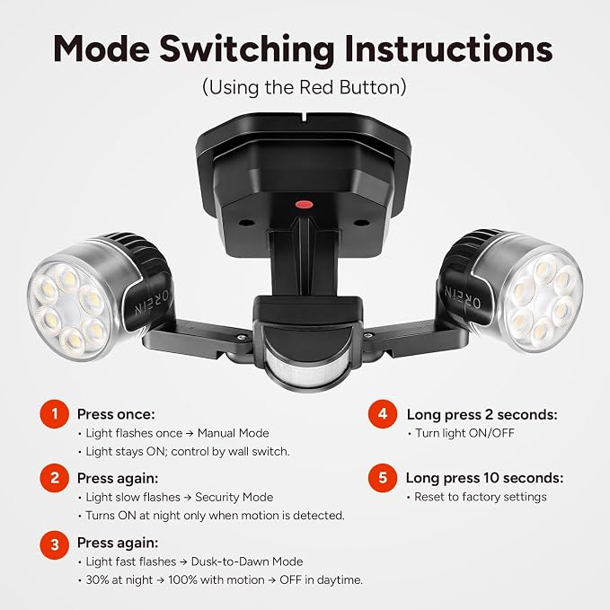 OREiN Motion Sensor Outdoor Security Light, Adjustable Dual-Head LED Flood Light - Image 3