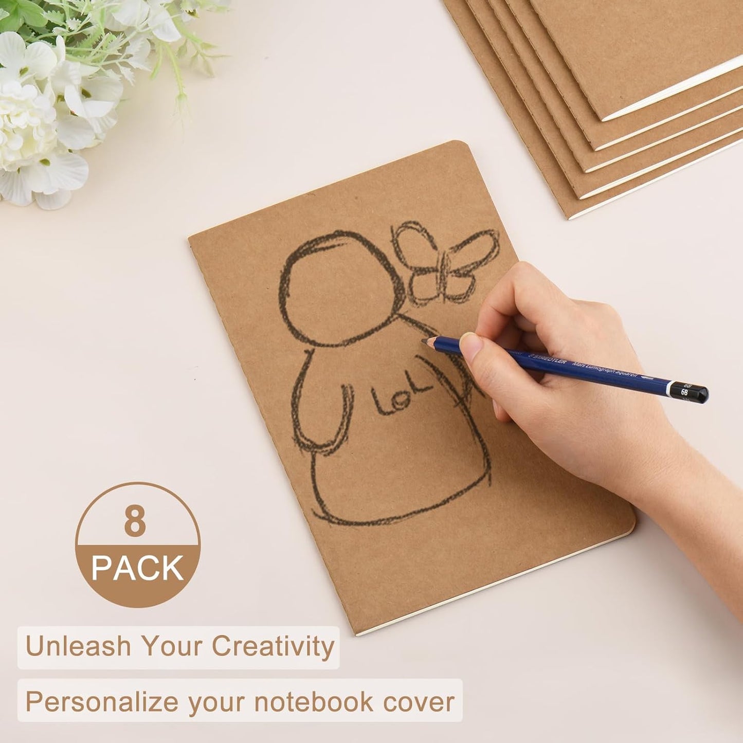 ZCZN 8 Pack A5 Kraft Notebooks Bulk, 8.15x5.5 Inches Lined Paper Journaling Notebooks, Notebooks for Work, Composition Notebooks for School, Journal Notebooks for Office, 60 Pages