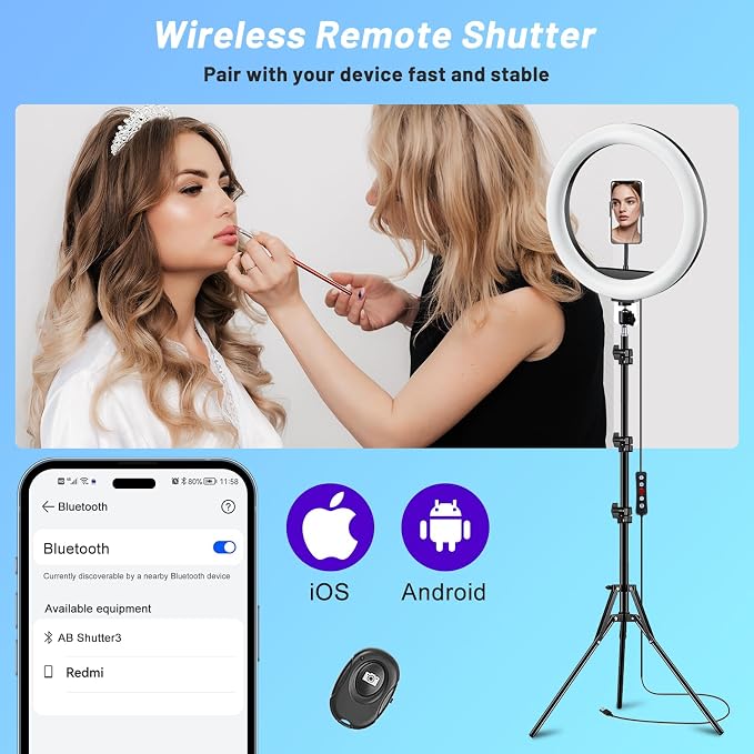 12'' Ring Light with Stand 75'' Tall & Phone Holder, 100+ Color Modes Selfie - Image 5