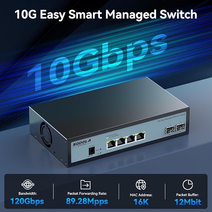SODOLA 6 Port 10G Easy Web Managed Switch, 4X 10G RJ45 + 2X 10G SFP+ Ports - Image 3
